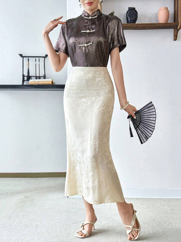 Modely Chinese Frog Button Front Short Sleeve Solid Elegant Blouse