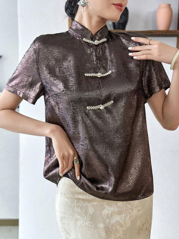 Modely Chinese Frog Button Front Short Sleeve Solid Elegant Blouse