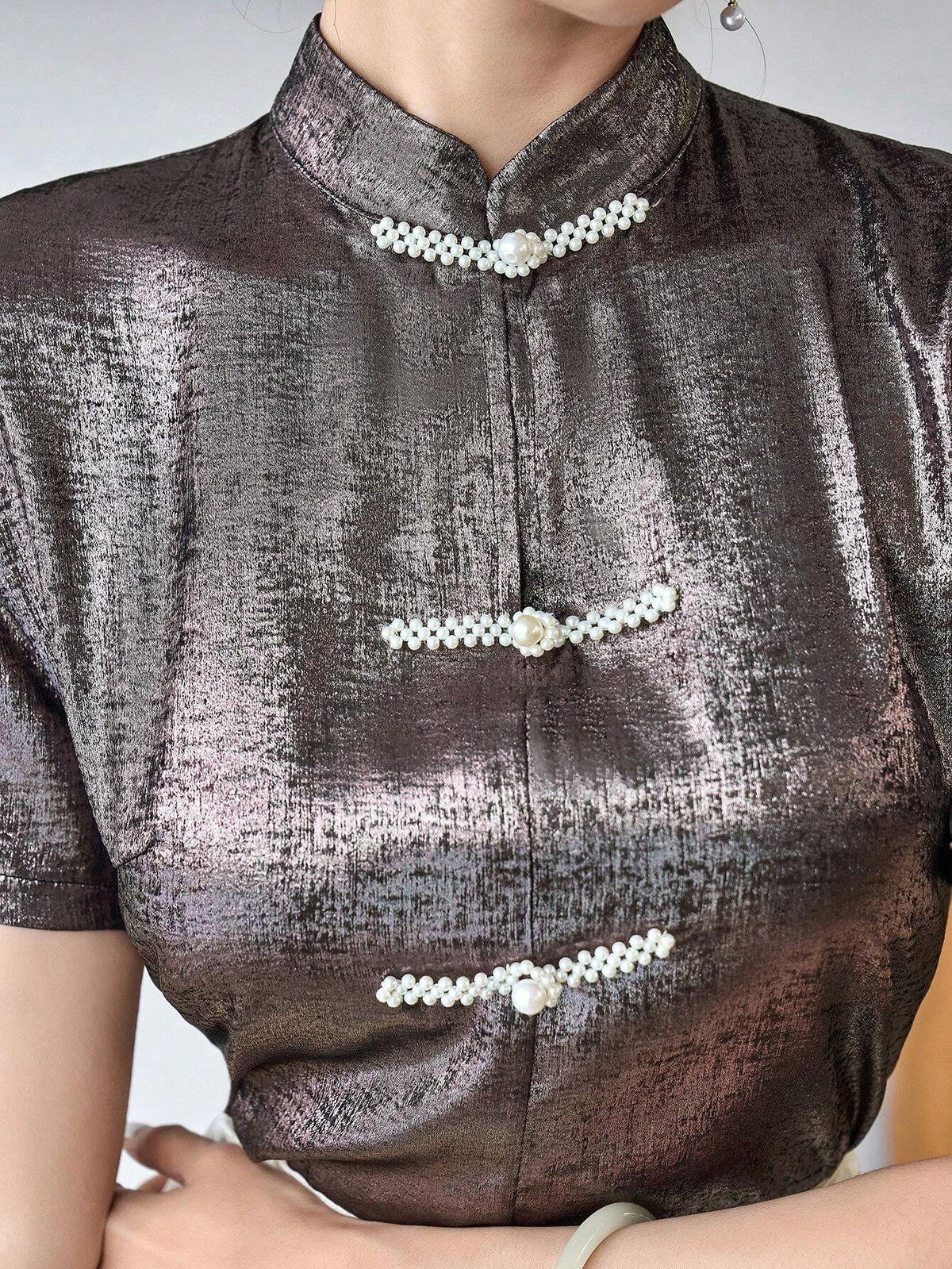 Modely Chinese Frog Button Front Short Sleeve Solid Elegant Blouse