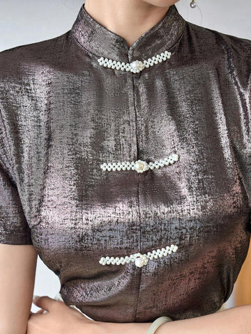 Modely Chinese Frog Button Front Short Sleeve Solid Elegant Blouse