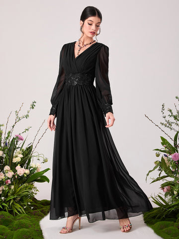 Contrast Sequin Appliques Puff Sleeve Chiffon Bridesmaid Dress