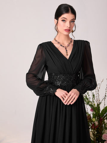 Contrast Sequin Appliques Puff Sleeve Chiffon Bridesmaid Dress