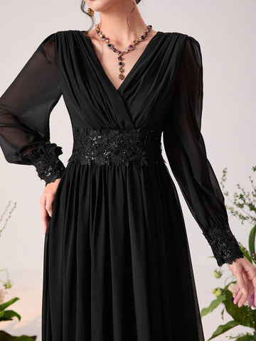 Contrast Sequin Appliques Puff Sleeve Chiffon Bridesmaid Dress