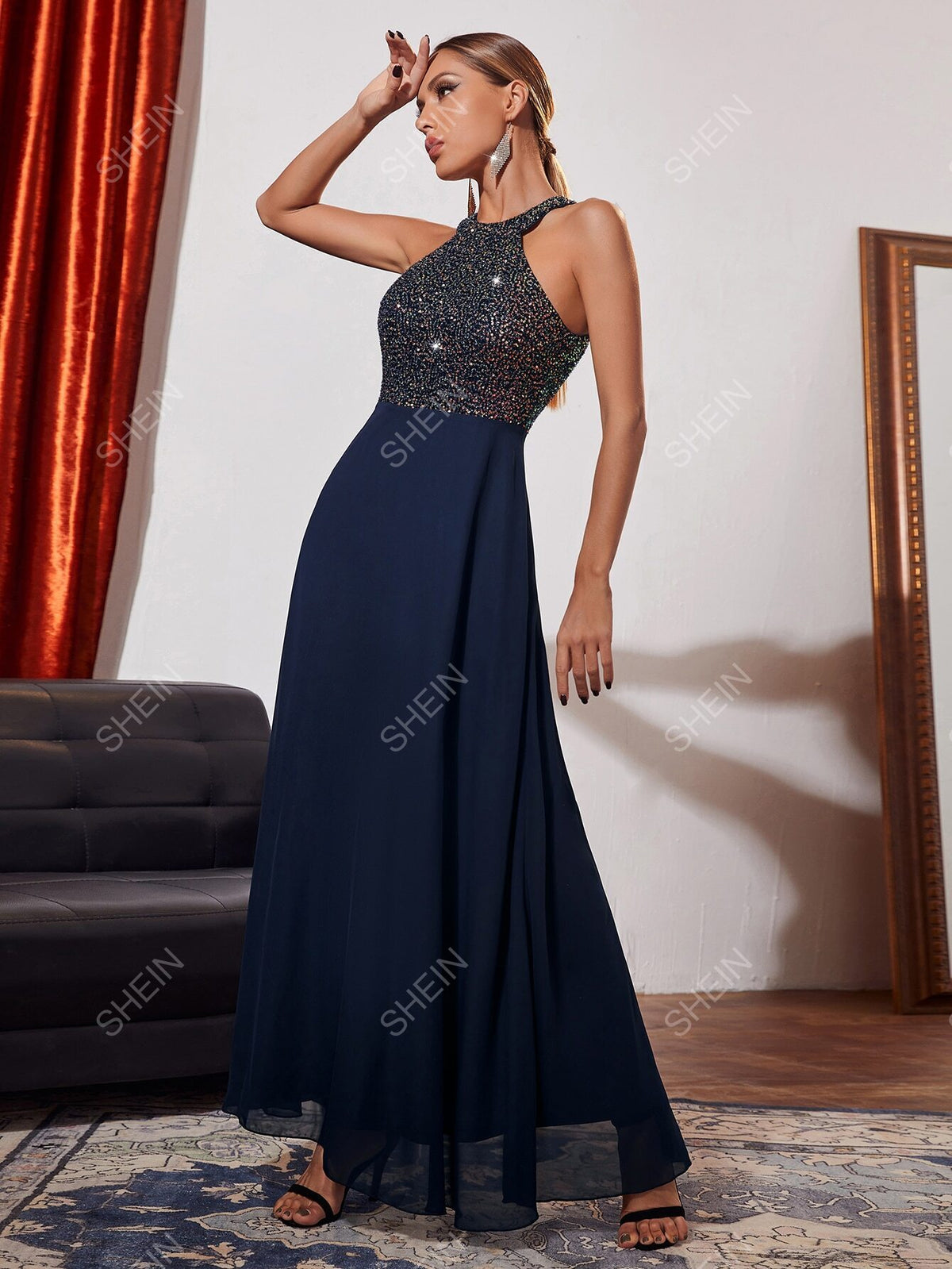 Contrast Sequin Halter Bridesmaid Dress
