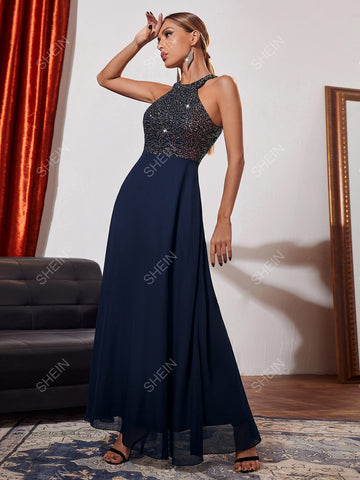 Contrast Sequin Halter Bridesmaid Dress