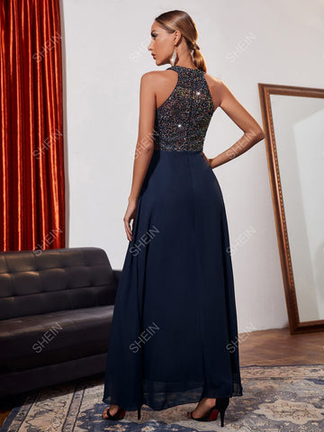 Contrast Sequin Halter Bridesmaid Dress