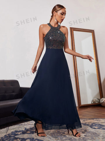 Contrast Sequin Halter Bridesmaid Dress
