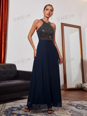 Contrast Sequin Halter Bridesmaid Dress