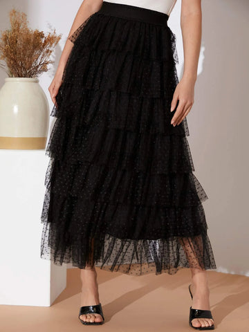 Modely Dobby Mesh Layered Hem Skirt