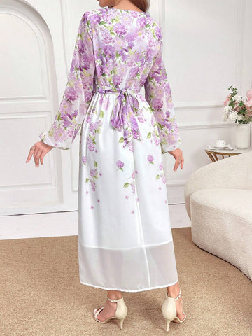 Elegant Floral Printed Lantern Sleeve Long Dress For Spring And Summer