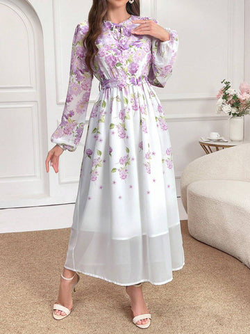 Elegant Floral Printed Lantern Sleeve Long Dress For Spring And Summer