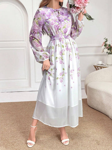 Elegant Floral Printed Lantern Sleeve Long Dress For Spring And Summer