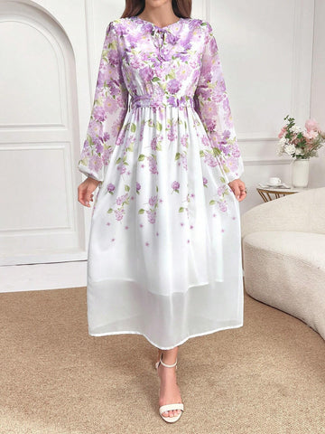 Elegant Floral Printed Lantern Sleeve Long Dress For Spring And Summer