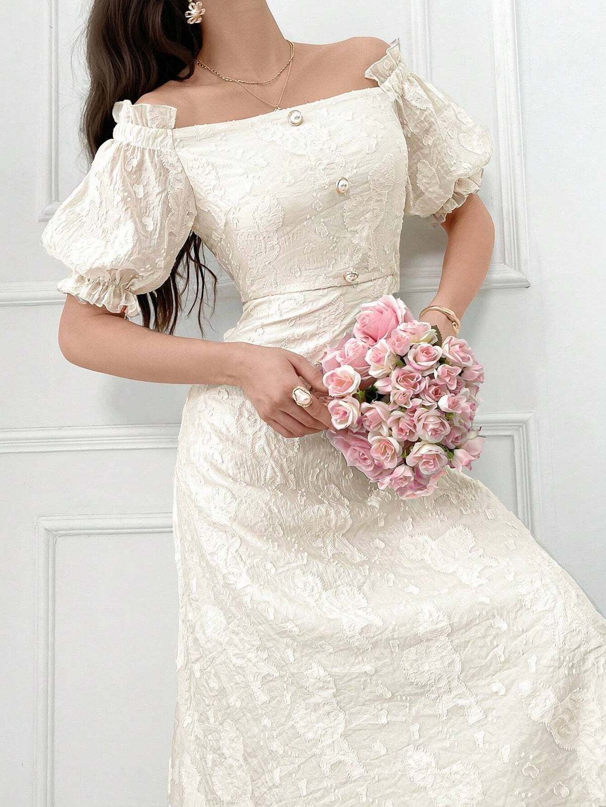 Elegant Solid Color Jacquard Off-Shoulder Ruffled Sleeve Gathered Waist Women's Summer Dress