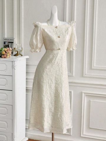 Elegant Solid Color Jacquard Off-Shoulder Ruffled Sleeve Gathered Waist Women's Summer Dress