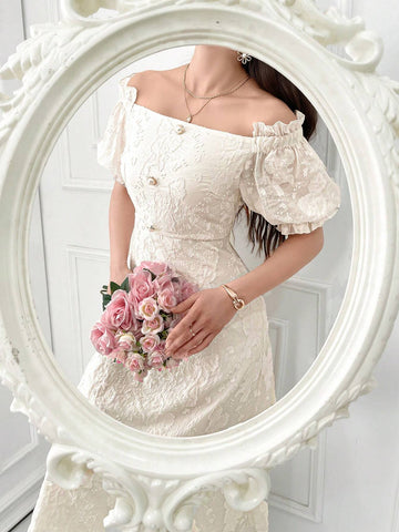Elegant Solid Color Jacquard Off-Shoulder Ruffled Sleeve Gathered Waist Women's Summer Dress