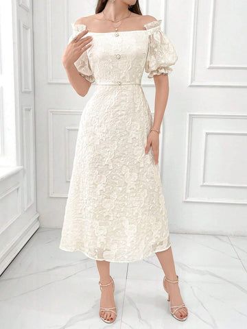 Elegant Solid Color Jacquard Off-Shoulder Ruffled Sleeve Gathered Waist Women's Summer Dress