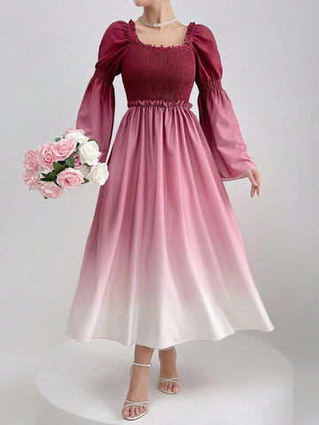 Elegant Spring/Summer Ombre Ruffled Bell Sleeve Dress With Mushroom Edge Trim For Women