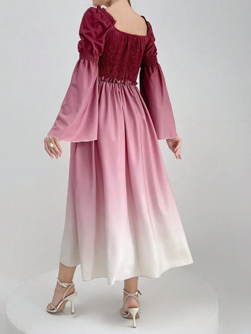 Elegant Spring/Summer Ombre Ruffled Bell Sleeve Dress With Mushroom Edge Trim For Women