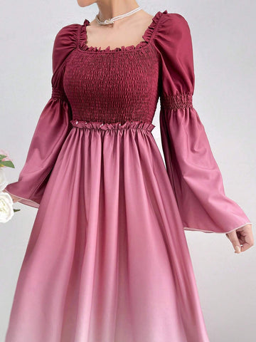 Elegant Spring/Summer Ombre Ruffled Bell Sleeve Dress With Mushroom Edge Trim For Women