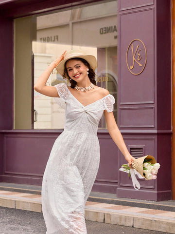 Elegant Summer Solid Color Lace Off Shoulder Twist-Waist Pleated Hem Dress