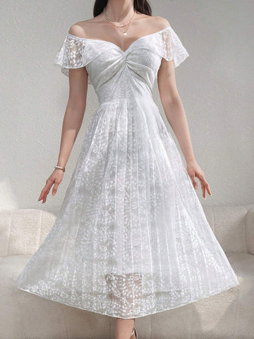Elegant Summer Solid Color Lace Off Shoulder Twist-Waist Pleated Hem Dress