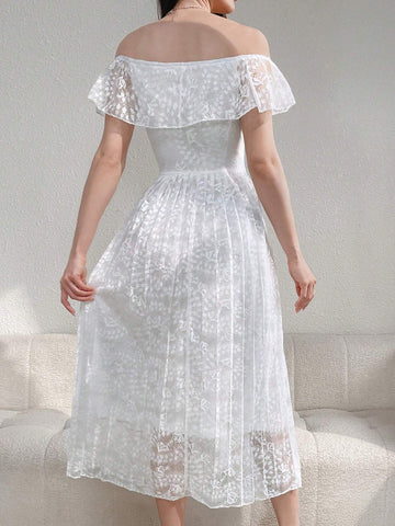Elegant Summer Solid Color Lace Off Shoulder Twist-Waist Pleated Hem Dress