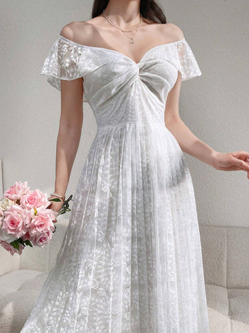 Elegant Summer Solid Color Lace Off Shoulder Twist-Waist Pleated Hem Dress