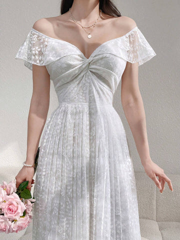 Elegant Summer Solid Color Lace Off Shoulder Twist-Waist Pleated Hem Dress