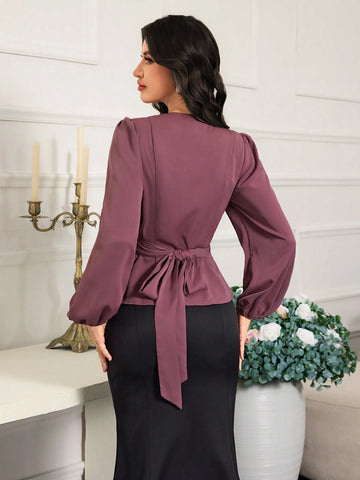 Modely Elegant Tied Waist Long Sleeve Women's Blouse,