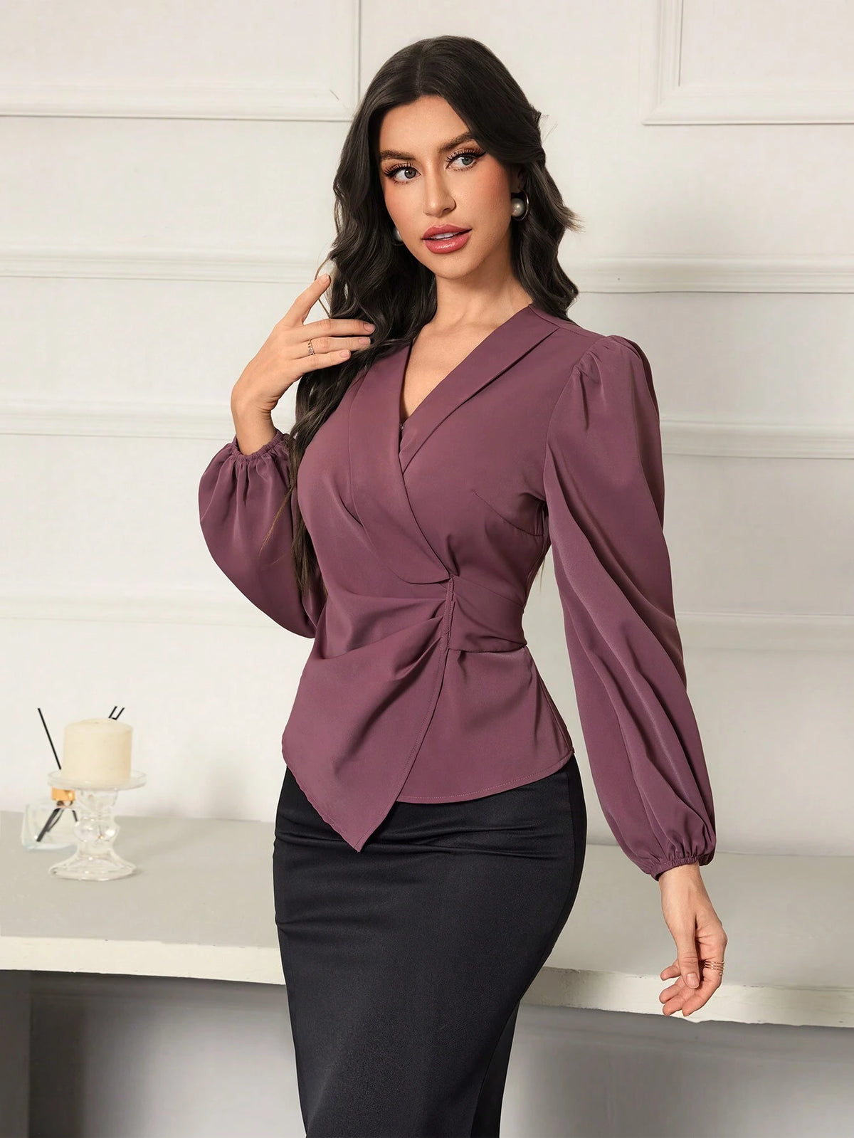 Modely Elegant Tied Waist Long Sleeve Women's Blouse,