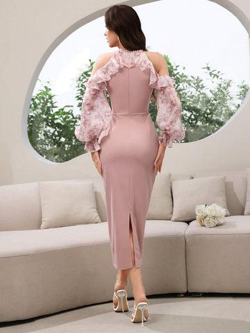 Elegant Women's Ruffle Slim Fit Ruffle Pleated Floral Patchwork Dress For Spring And Summer