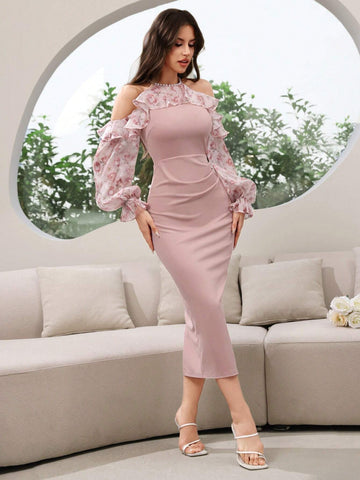Elegant Women's Ruffle Slim Fit Ruffle Pleated Floral Patchwork Dress For Spring And Summer