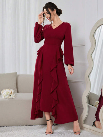 Elegant Women's Spring/Summer Solid Color V-Neck Lantern Sleeve Dress With Ruffle Hem, Long Version