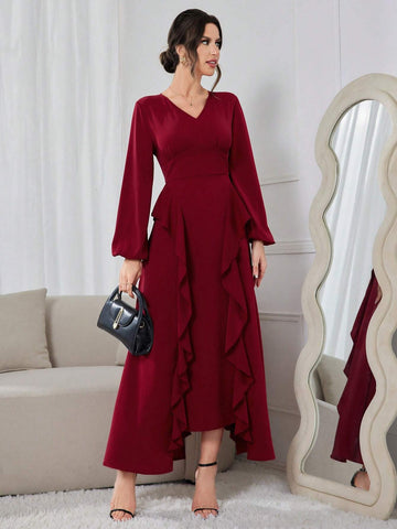 Elegant Women's Spring/Summer Solid Color V-Neck Lantern Sleeve Dress With Ruffle Hem, Long Version