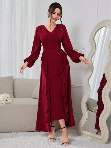 Elegant Women's Spring/Summer Solid Color V-Neck Lantern Sleeve Dress With Ruffle Hem, Long Version