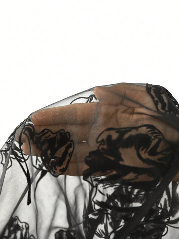 Modely Elegant Women's Summer Floral Flocking Mesh See-Through Shirt