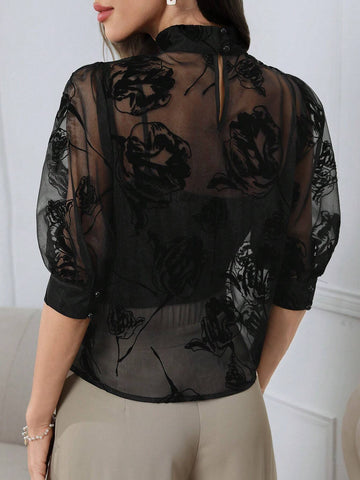 Modely Elegant Women's Summer Floral Flocking Mesh See-Through Shirt