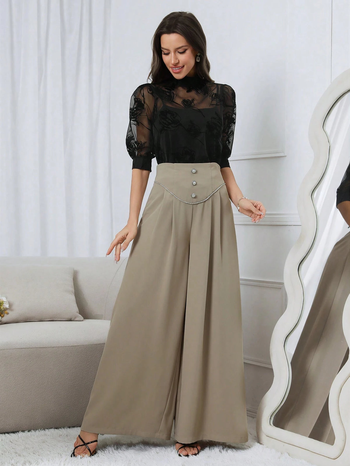 Modely Elegant Women's Summer Floral Flocking Mesh See-Through Shirt