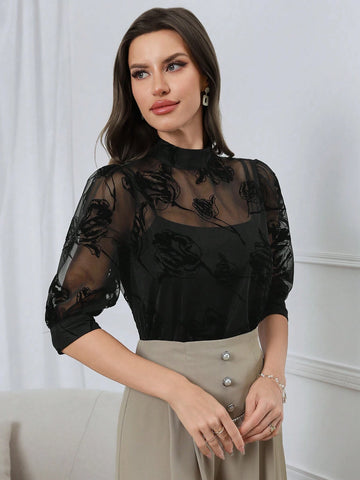 Modely Elegant Women's Summer Floral Flocking Mesh See-Through Shirt