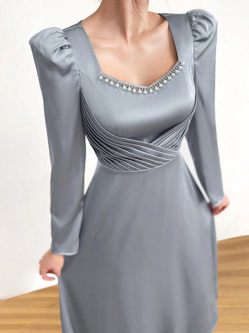 Faux Pearl Decorated Sweetheart Neckline Waist Gathered Dress