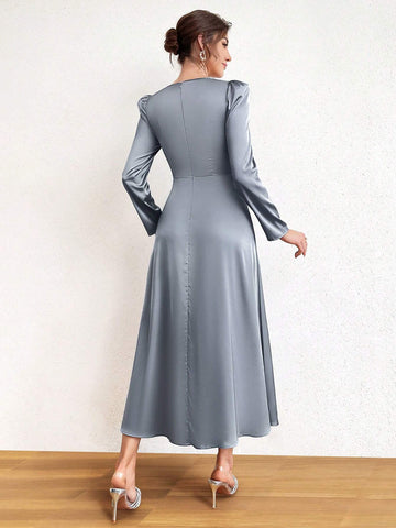 Faux Pearl Decorated Sweetheart Neckline Waist Gathered Dress