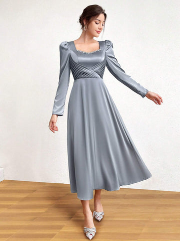 Faux Pearl Decorated Sweetheart Neckline Waist Gathered Dress