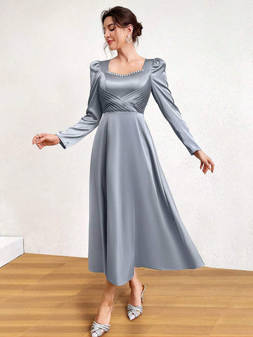 Faux Pearl Decorated Sweetheart Neckline Waist Gathered Dress