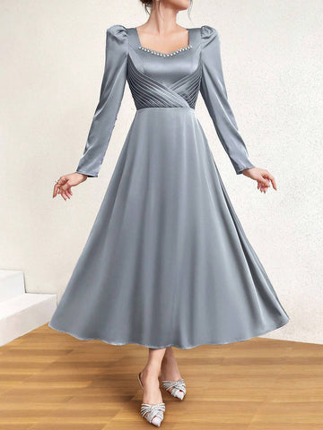 Faux Pearl Decorated Sweetheart Neckline Waist Gathered Dress