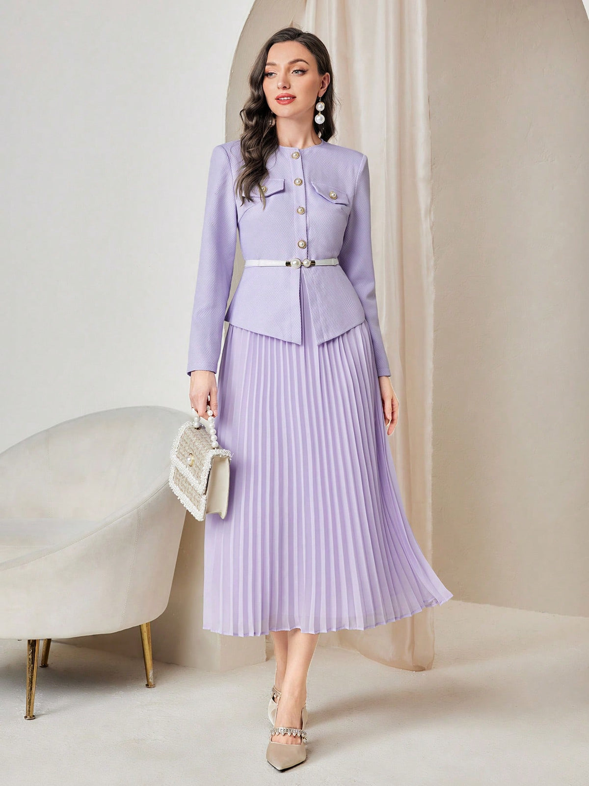 Modely Flap Detail Pleated Hem Dress Without Belt