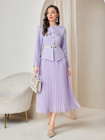 Modely Flap Detail Pleated Hem Dress Without Belt