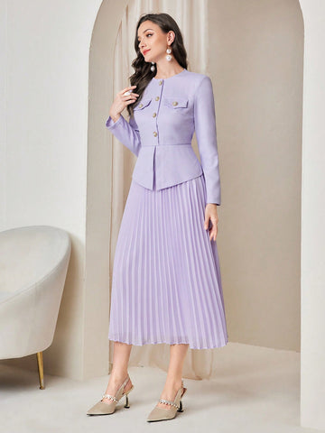Modely Flap Detail Pleated Hem Dress Without Belt