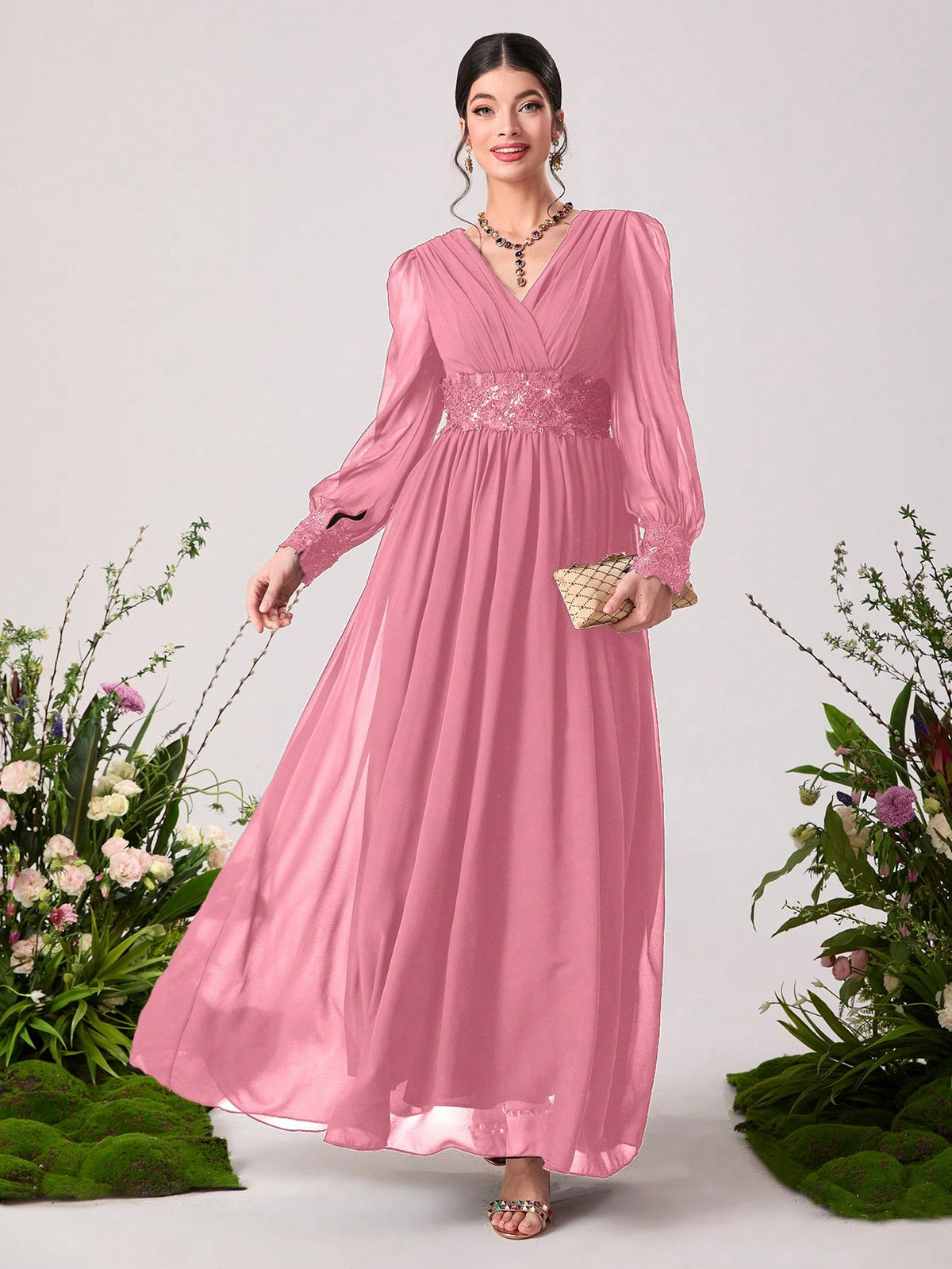Floral Embroidery Appliques Lantern Sleeve Chiffon Maxi Bridesmaid Dress