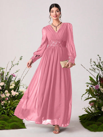 Floral Embroidery Appliques Lantern Sleeve Chiffon Maxi Bridesmaid Dress